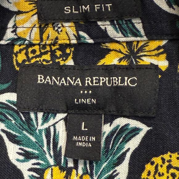 Banana Republic Slim Fit Size Large Black and Yellow Tropical Linen Shirt - Picture 5 of 7